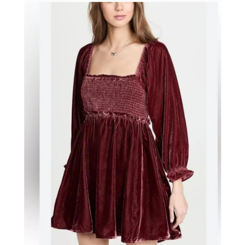 Free People Daphne Velvet Babydoll Dress. Smocked Renaissance Whimsigoth-Sz L - Picture 3 of 11